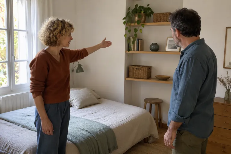 Une femme montre une chambre à un homme debout près du lit.