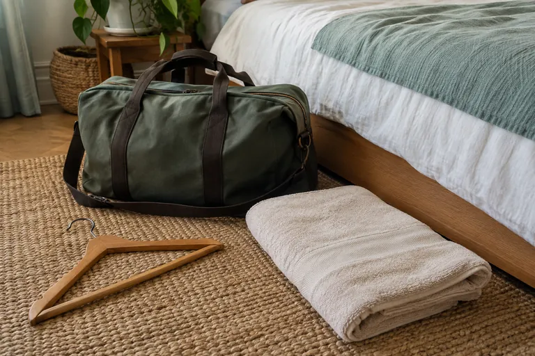 Un sac fermé, une serviette pliée et un cintre sont posés près d’un lit.