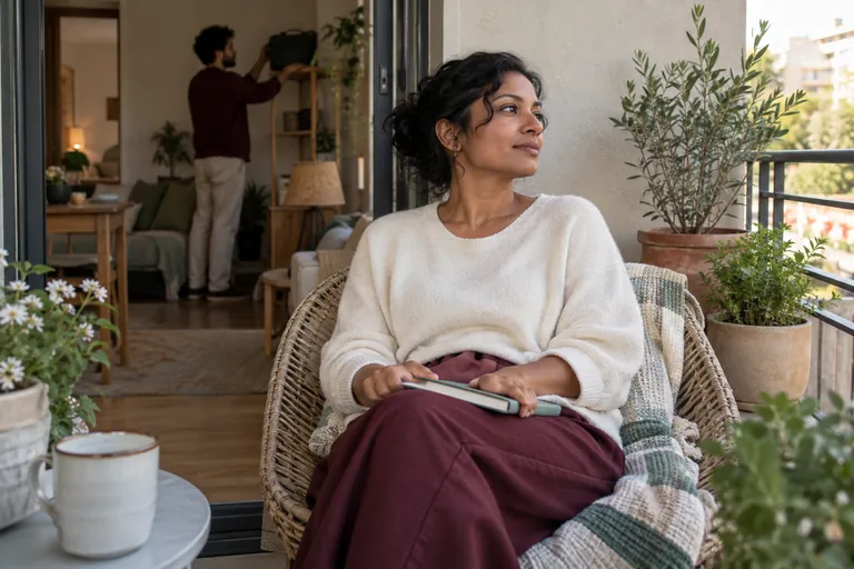 Une femme assise sur un balcon tient un carnet fermé tandis qu’un homme range un sac à l’intérieur.
