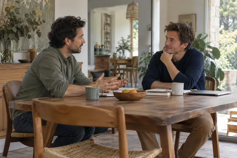 Deux hommes discutent à une table avec des carnets