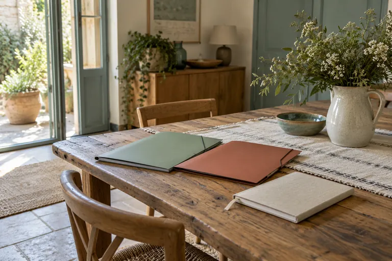 Deux dossiers et un carnet fermé reposent sur une table