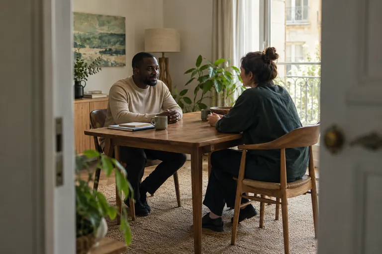 Un homme échange avec une femme de l’autre côté d’une table
