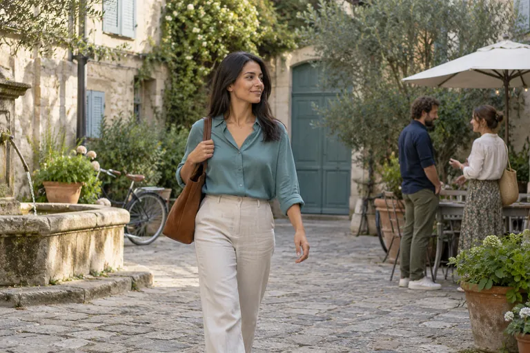 Une femme portant un sac traverse une cour pavée