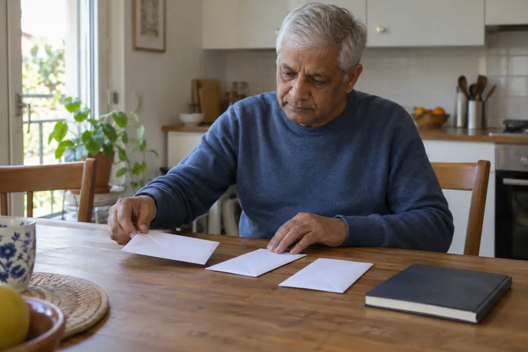 Un homme classe des enveloppes fermées sur une table