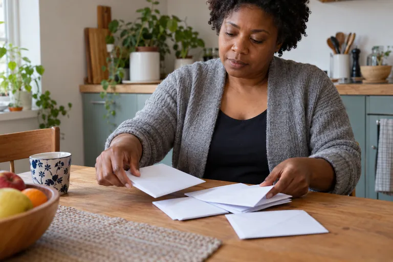 Une femme rassemble des enveloppes sur une table de cuisine