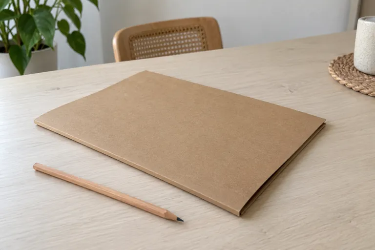 Une pochette fermée et un crayon reposent sur une table claire