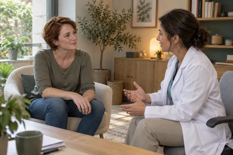 Une femme rousse parle avec une professionnelle en blouse blanche