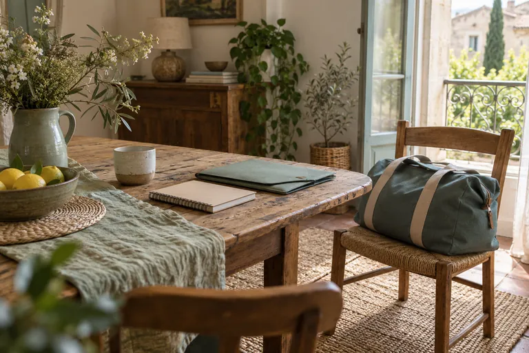 Un dossier, un carnet et un sac sont préparés près d’une table