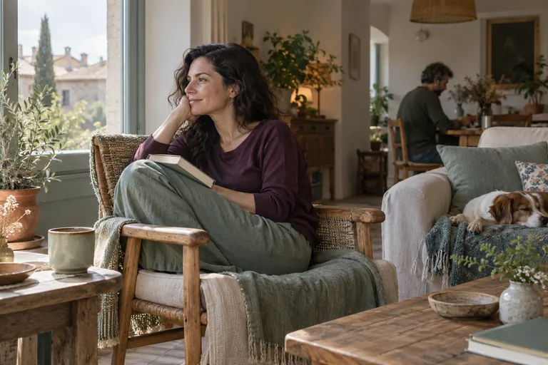 Une femme assise dans un fauteuil regarde dehors avec un livre sur les genoux