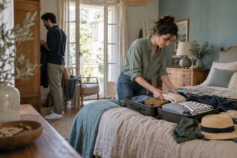 Une femme range des vêtements dans une valise ouverte sur un lit