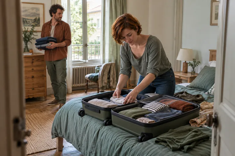 Une femme rousse prépare une valise pendant qu’un homme tient des vêtements pliés