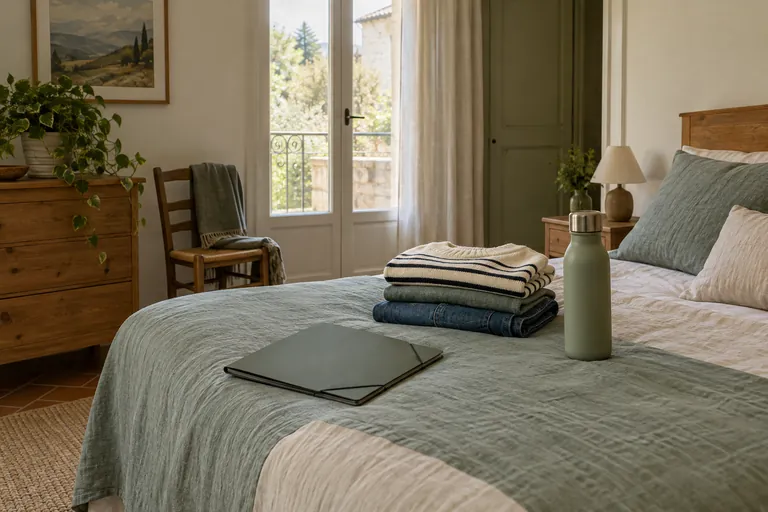 Des vêtements pliés, une gourde et un dossier reposent sur un lit