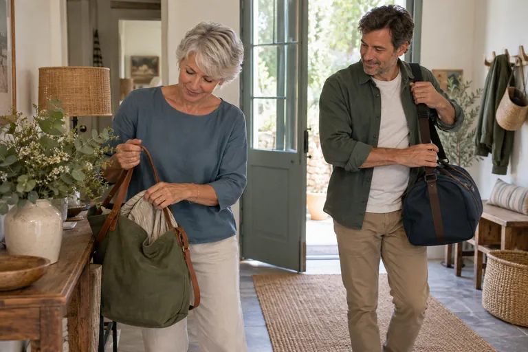 Deux adultes préparent leurs sacs dans une entrée