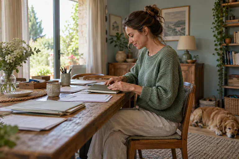 Une femme organise des papiers et un carnet sur une table