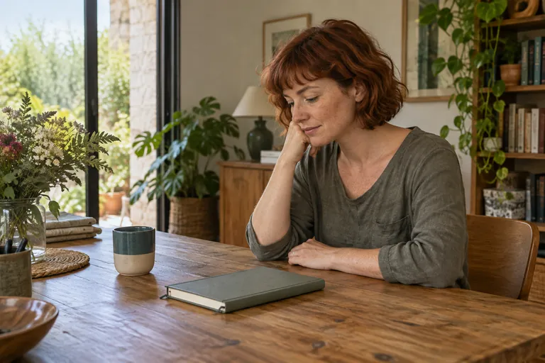 Une femme rousse regarde un carnet fermé posé devant elle