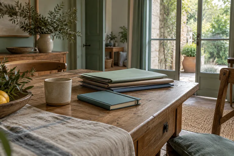 Des dossiers, un carnet et une tasse sont posés sur une table
