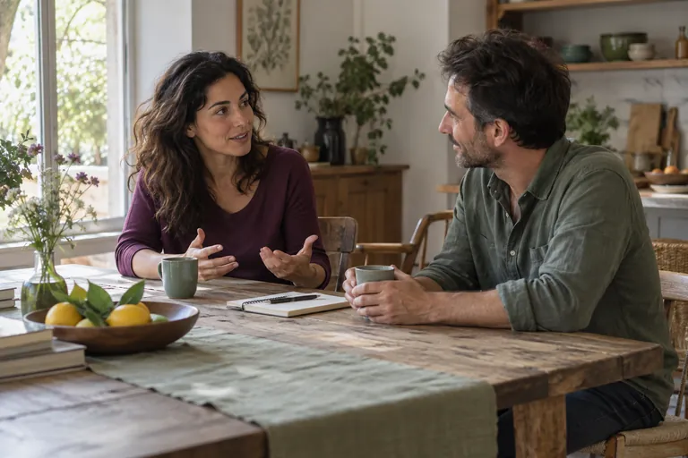 Une femme et un homme discutent avec un carnet et des tasses sur la table