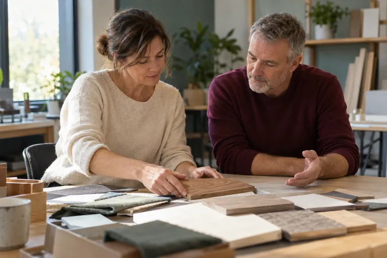 Une femme et un homme comparent des échantillons de matériaux sur une table.