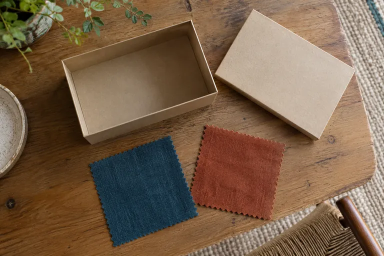 Deux échantillons de tissu sont posés près d’une boîte en carton ouverte.