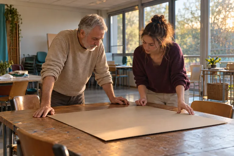 Un homme et une femme regardent une grande feuille de carton sur une table.