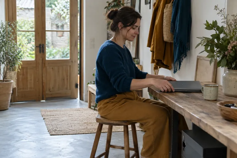 Une femme ferme un ordinateur portable sur une petite table.