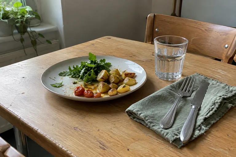 Une assiette de légumes, un verre d’eau et des couverts reposent sur une table.