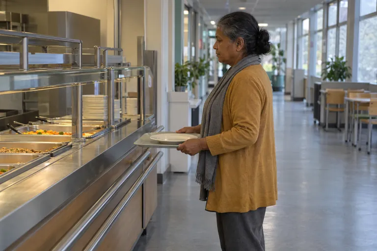 Une femme tient un plateau devant un buffet de restauration.