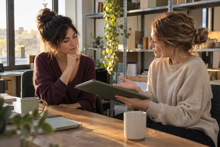 Deux femmes échangent autour d’un dossier dans un bureau.