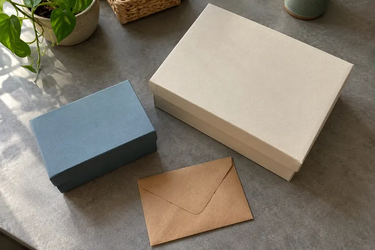 Deux boîtes fermées et une enveloppe reposent sur une table.