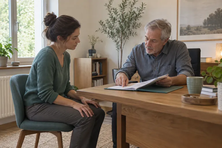 Un homme montre un document à une femme assise face à lui.