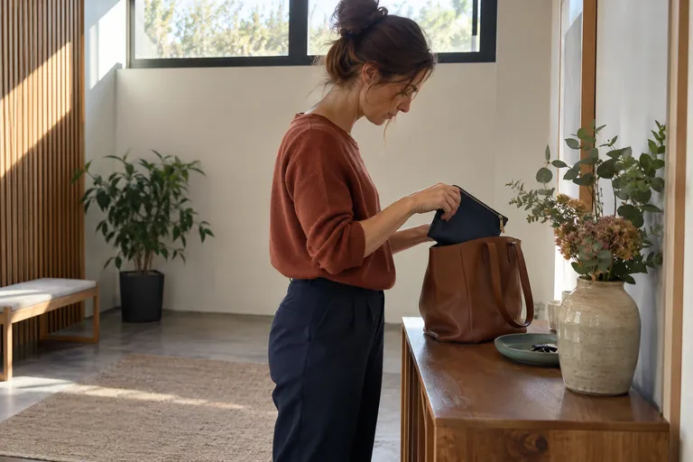 Une femme range une pochette dans son sac.