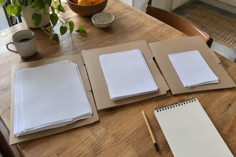 Trois chemises de classement ouvertes sur une table, avec des feuilles blanches et un crayon, sans données personnelles visibles