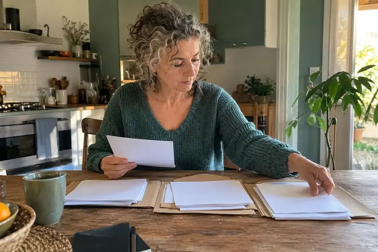 Une femme trie des documents en trois piles sur une table de cuisine
