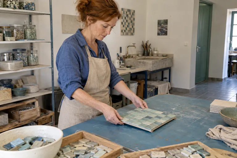 Une femme pose une plaque de mosaïque sur la table d’un atelier.