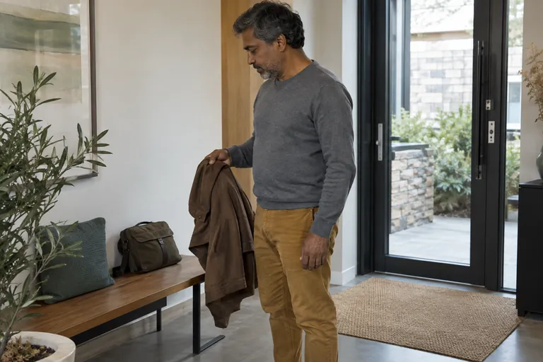 Un homme tient une veste près d’un banc dans une entrée.