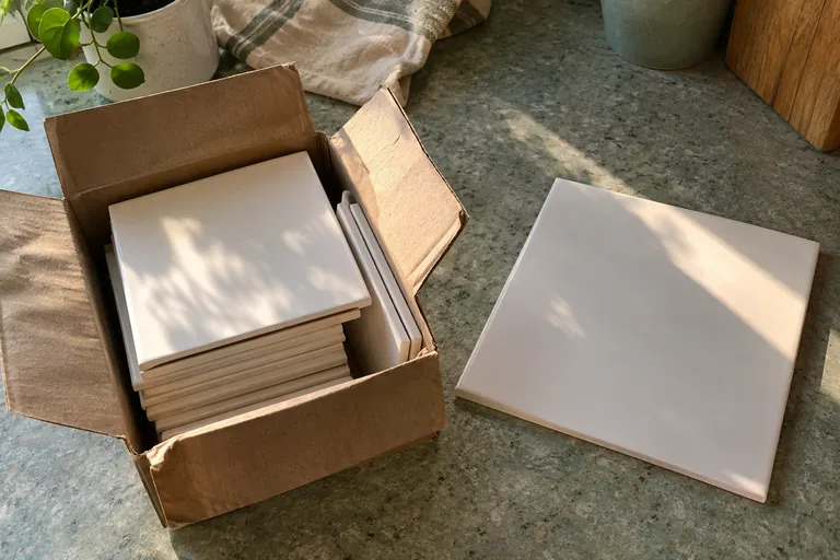 Des carreaux blancs sont rangés dans un carton ouvert, à côté d’un carreau posé à plat.