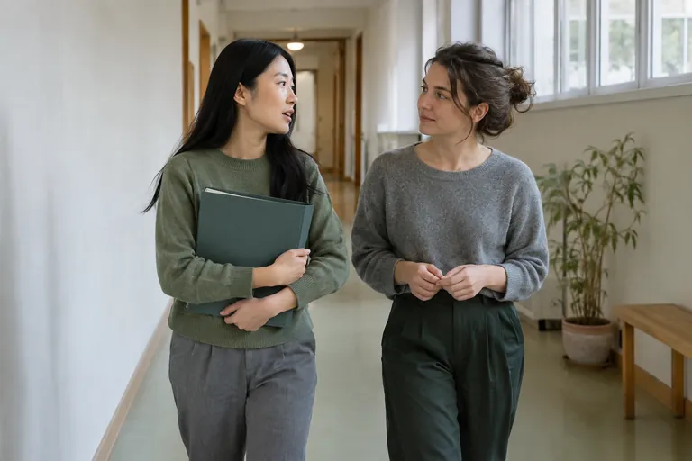 Deux femmes discutent dans un couloir, l’une tenant un dossier fermé.
