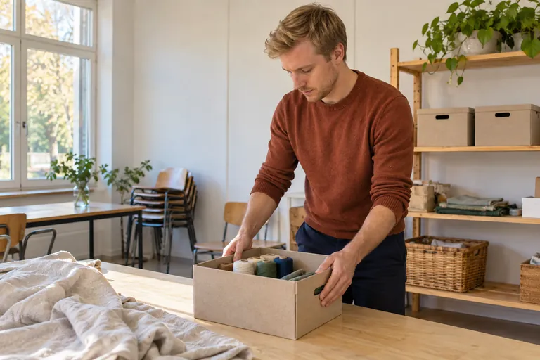 Un homme pose une boîte de bobines et de tissus sur une table.