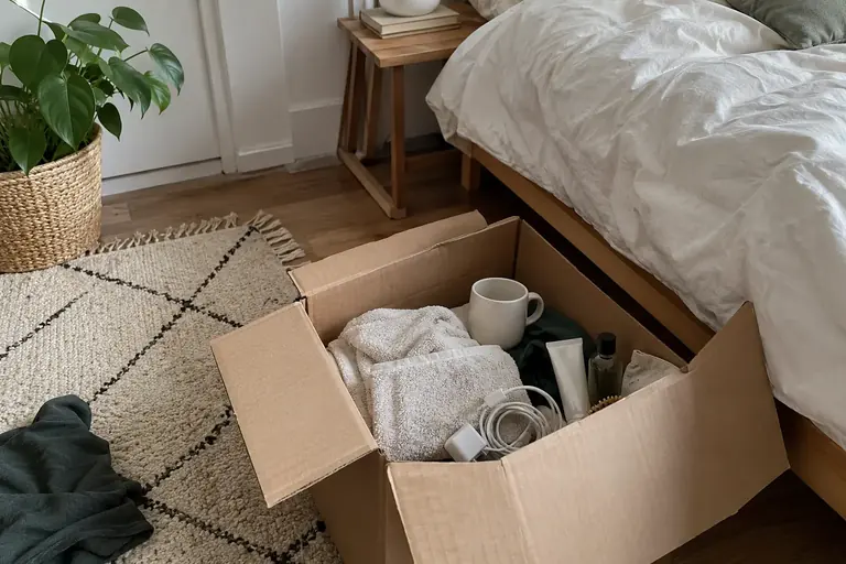 Un carton ouvert contenant une serviette, une tasse, un chargeur et des objets de toilette près d’un lit préparé