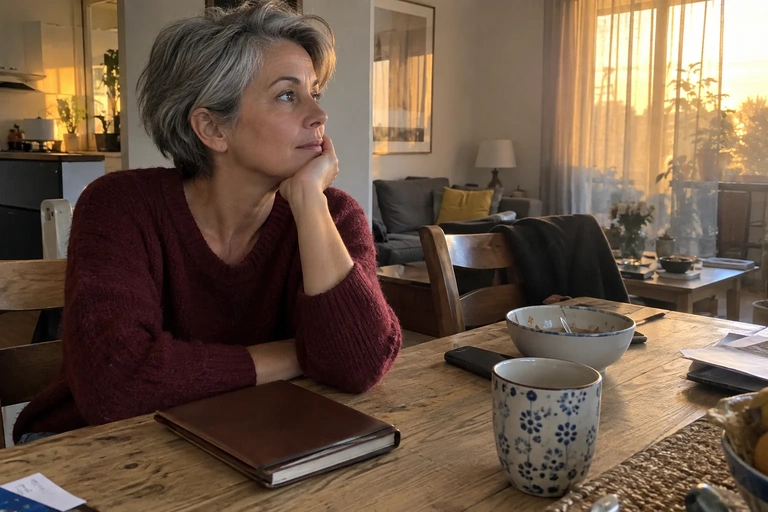 Une femme pensive est assise à une table en fin de journée