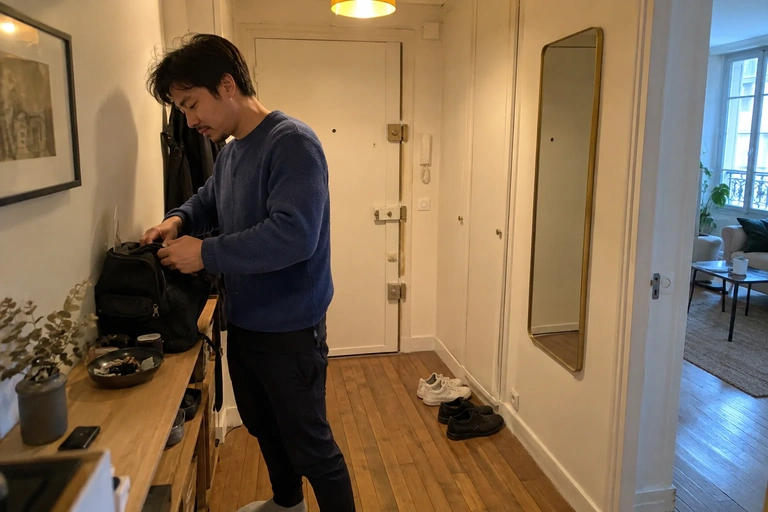 Un homme prépare son sac du lundi dans une entrée d’appartement