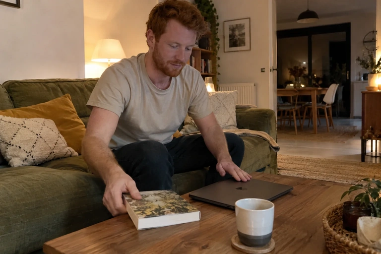 Une personne ferme un ordinateur et pose un livre sur une table basse