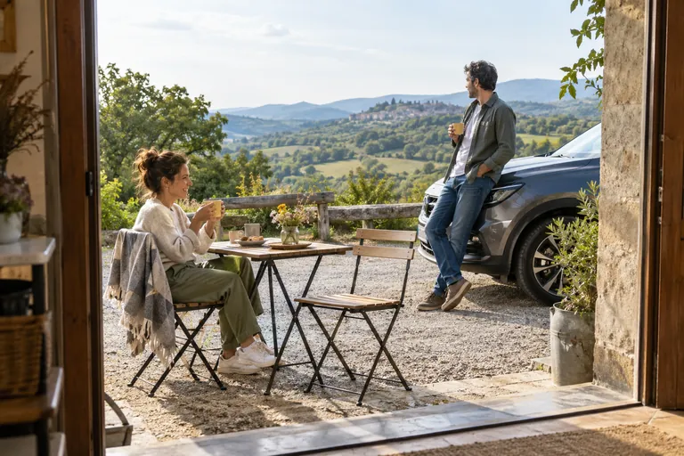 Deux adultes font une pause avec des tasses près d’une voiture stationnée