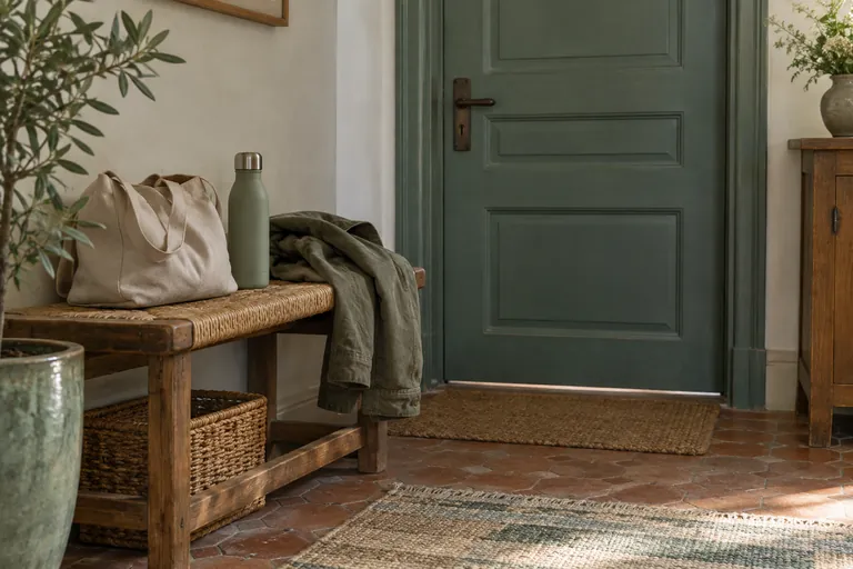 Un sac, une gourde et une veste reposent sur un banc dans une entrée