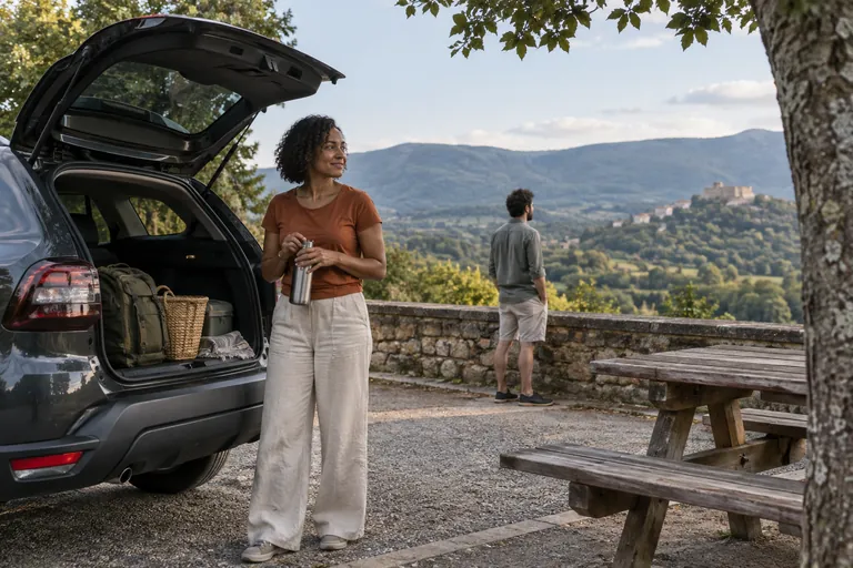Une femme tient une gourde près du coffre ouvert d’une voiture à l’arrêt