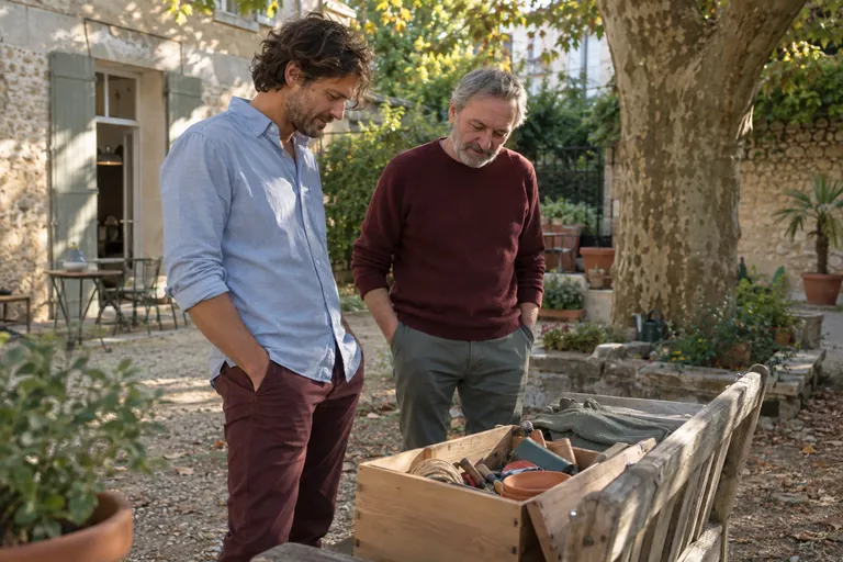 Deux hommes regardent une caisse de matériel posée sur un banc.