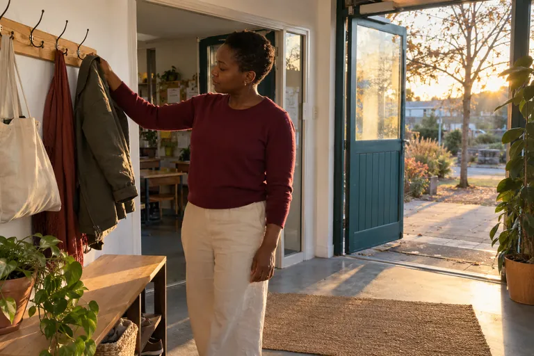 Une femme prend une veste sur un crochet près d’une porte ouverte.