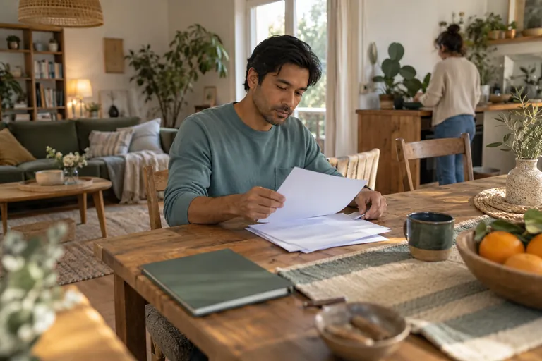 Un homme assis à une table examine des feuilles