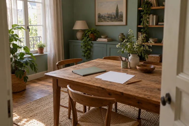 Des feuilles blanches, un carnet et un crayon reposent sur une table vide