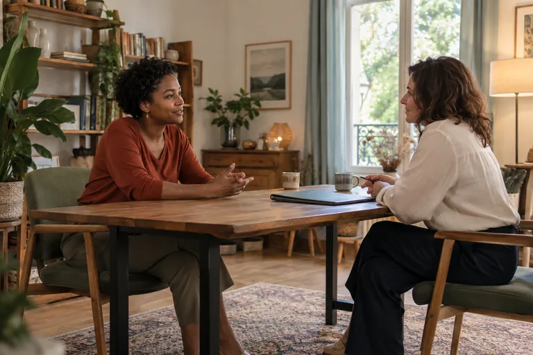 Deux femmes échangent à une table avec un dossier fermé
